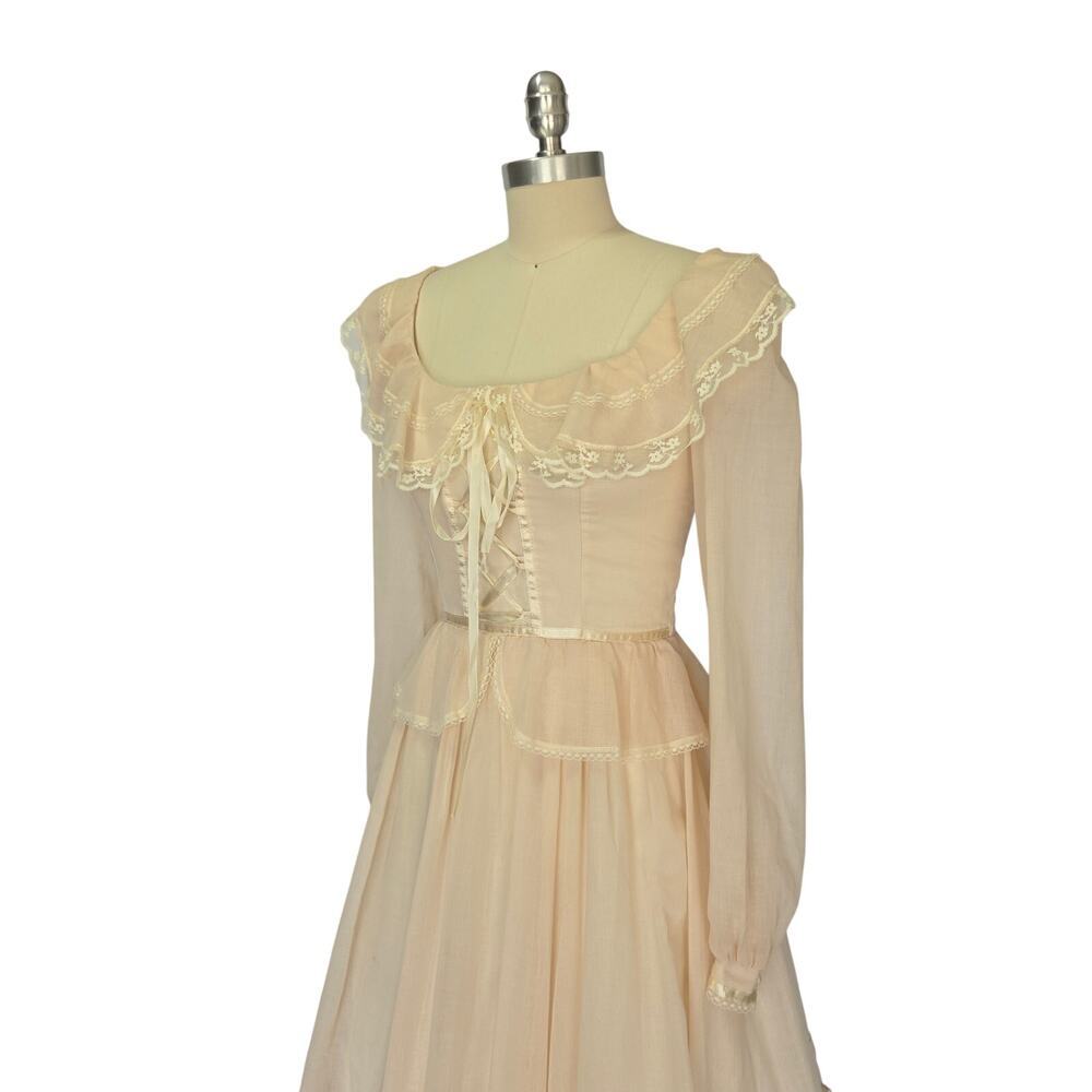 Gunne Sax Peplum Midi Dress Size S 7 9 Pink Corset Vintage 70s Prairie Bridal - Picture 8 of 14